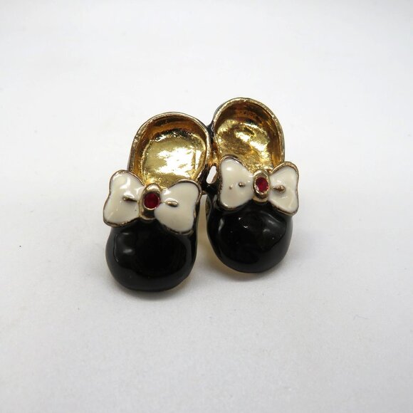 Unbranded Jewelry - Mary Jane Shoes Brooch Black White Gold Tone Red Rhinestone Enamel 1" Pin